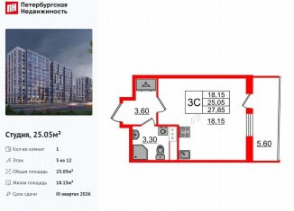 Продается квартира студия, 25.1 м2, Санкт-Петербург, муниципальный округ Коломяги