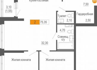 3-комнатная квартира на продажу, 75.4 м2, Екатеринбург, Ленинский район, улица Академика Бардина, 21А