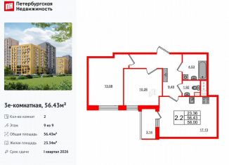 Продается двухкомнатная квартира, 56.4 м2, Санкт-Петербург, метро Озерки