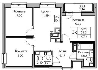 3-комнатная квартира на продажу, 52.2 м2, Санкт-Петербург, Ивинская улица, 19к2, муниципальный округ Лахта-Ольгино