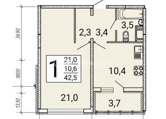 Продажа однокомнатной квартиры, 42.5 м2, Воронеж, улица Артамонова, 34Ж, ЖК Волна-1