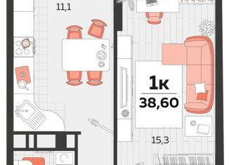 Однокомнатная квартира на продажу, 38.3 м2, Краснодар, ЖК Абрикосово, улица им. Героя Яцкова И.В., 1/11лит3