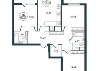 Продам 3-ком. квартиру, 85.1 м2, Тверь, ЖК Иллидиум-2