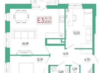 Двухкомнатная квартира на продажу, 69.8 м2, Тула, ЖК Смарт квартал на Сурикова