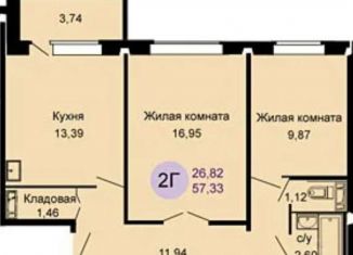 2-комнатная квартира на продажу, 57.3 м2, Новосибирск, улица Сибиряков-Гвардейцев, 64/2, ЖК Матрешки