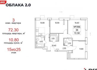 3-комнатная квартира на продажу, 72.3 м2, Люберцы, Солнечная улица, 2, ЖК Облака 2.0