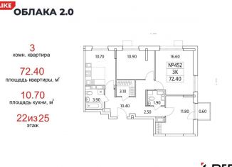 Продаю 3-комнатную квартиру, 72.4 м2, Люберцы, Солнечная улица, 2, ЖК Облака 2.0