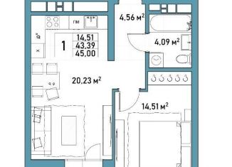 Продажа однокомнатной квартиры, 45.4 м2, Уфа, ЖК Конди-Нова, улица Менделеева, 132/1