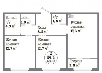 Продам двухкомнатную квартиру, 59.2 м2, Челябинск, ЖК Ньютон, Комсомольский проспект, 143