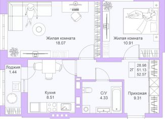 Двухкомнатная квартира на продажу, 52.6 м2, Казань