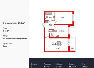 Продажа 2-комнатной квартиры, 53.2 м2, Санкт-Петербург, Арцеуловская аллея, 17, ЖК Чистое Небо