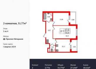 Продается 2-ком. квартира, 51.8 м2, Санкт-Петербург, ЖК Солнечный Город. Резиденции