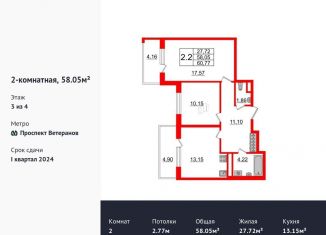 Продаю 2-ком. квартиру, 58.1 м2, Санкт-Петербург, ЖК Солнечный Город. Резиденции