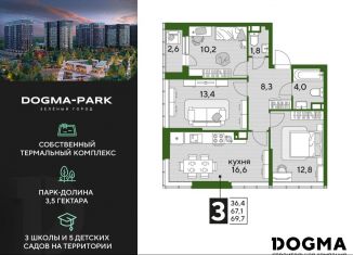 Продажа трехкомнатной квартиры, 69.7 м2, Краснодар, микрорайон Догма Парк