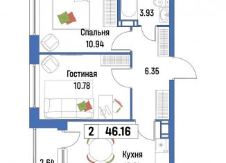 2-комнатная квартира на продажу, 46.2 м2, Мурино