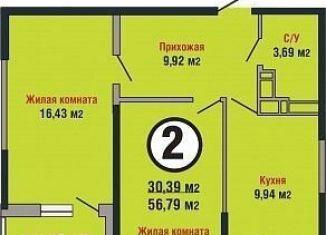 Продаю двухкомнатную квартиру, 56.7 м2, Краснодар, Душистая улица, 60к2