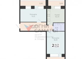 Продаю 2-комнатную квартиру, 62.9 м2, Самара, 3-й квартал, 8, метро Юнгородок