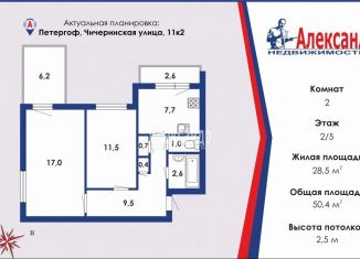 Продам 2-комнатную квартиру, 50 м2, Петергоф, Чичеринская улица, 11к2