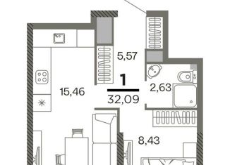Продажа 1-комнатной квартиры, 32.1 м2, Рязань