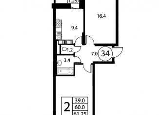 Продам двухкомнатную квартиру, 61.3 м2, Московская область