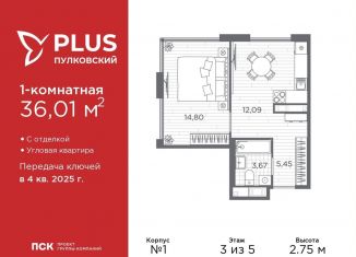 1-комнатная квартира на продажу, 36 м2, Санкт-Петербург, муниципальный округ Пулковский Меридиан