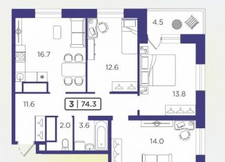 Продается 3-комнатная квартира, 74.3 м2, Тюмень, ЖК Горизонт, улица Мельникайте, 2к17