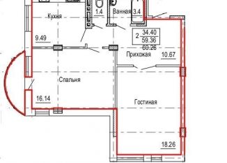 Двухкомнатная квартира на продажу, 60.3 м2, Балтийск