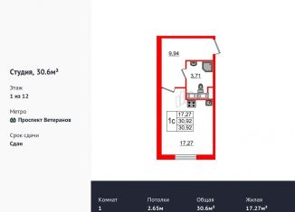 Квартира на продажу студия, 30.6 м2, Санкт-Петербург, проспект Ветеранов, 171к5, ЖК Солнечный Город