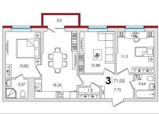 Продается трехкомнатная квартира, 71.1 м2, деревня Батино, улица Сергея Есенина, 38, ЖК Есенинские Поля