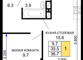 Продам 1-комнатную квартиру, 36.7 м2, Краснодар, ЖК Дыхание