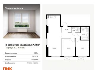 2-комнатная квартира на продажу, 57.8 м2, Ленинградская область, жилой комплекс Таллинский Парк, 3.1