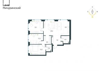 Четырехкомнатная квартира на продажу, 95.5 м2, Москва, жилой комплекс Левел Мичуринский, к3