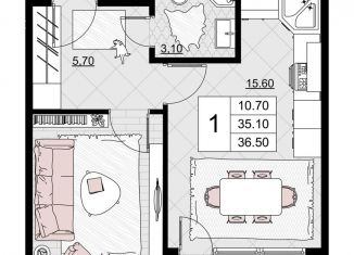 1-комнатная квартира на продажу, 36.5 м2, Анапа