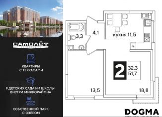 Продам двухкомнатную квартиру, 51.7 м2, Краснодар