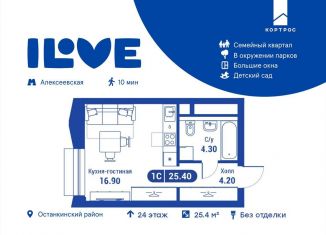 Продажа 1-комнатной квартиры, 25.4 м2, Москва