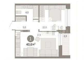 1-комнатная квартира на продажу, 40.6 м2, Екатеринбург, улица Пехотинцев, 2В, улица Пехотинцев