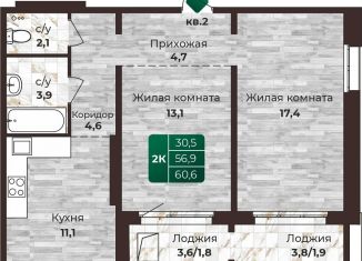 Продается двухкомнатная квартира, 60.6 м2, Барнаул