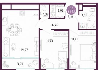 Продается 2-комнатная квартира, 61.2 м2, Тула, Пряничная улица, 7