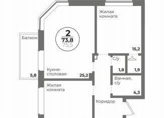 Продам двухкомнатную квартиру, 73.8 м2, Челябинск, Центральный район, Комсомольский проспект, 147