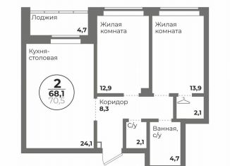Продаю двухкомнатную квартиру, 68.1 м2, Челябинск, Центральный район, Комсомольский проспект, 147
