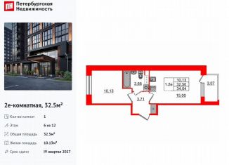 1-комнатная квартира на продажу, 32.5 м2, Санкт-Петербург, муниципальный округ Звёздное