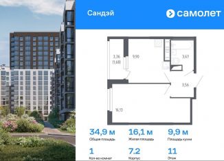 Продаю 1-комнатную квартиру, 34.9 м2, Санкт-Петербург, метро Проспект Ветеранов, жилой комплекс Сандэй, 7.2