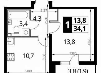 Продаю однокомнатную квартиру, 34.1 м2, Люберцы, Рождественская улица, 8, ЖК 1-й Лермонтовский