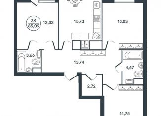 Продаю 3-ком. квартиру, 85.1 м2, Тверь, ЖК Иллидиум-2