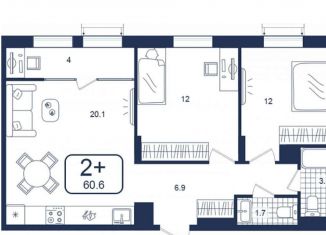 2-комнатная квартира на продажу, 60.6 м2, деревня Дударева, улица Сергея Джанбровского, 4к1