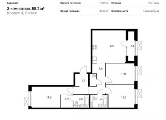 Продам трехкомнатную квартиру, 88.2 м2, Санкт-Петербург, муниципальный округ Волковское