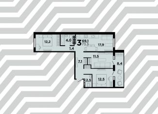 Трехкомнатная квартира на продажу, 73.3 м2, Волгоград, ЖК Парк Европейский