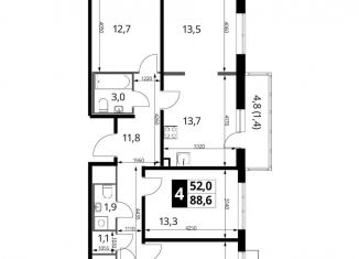 Продаю 4-ком. квартиру, 88.4 м2, Люберцы, Рождественская улица, 10