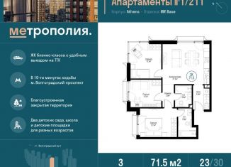 Продам 3-комнатную квартиру, 71.5 м2, Москва, Волгоградский проспект, 32/5к4, ЖК Метрополия