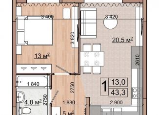 Продам 1-ком. квартиру, 43.3 м2, Московская область, улица Гудкова